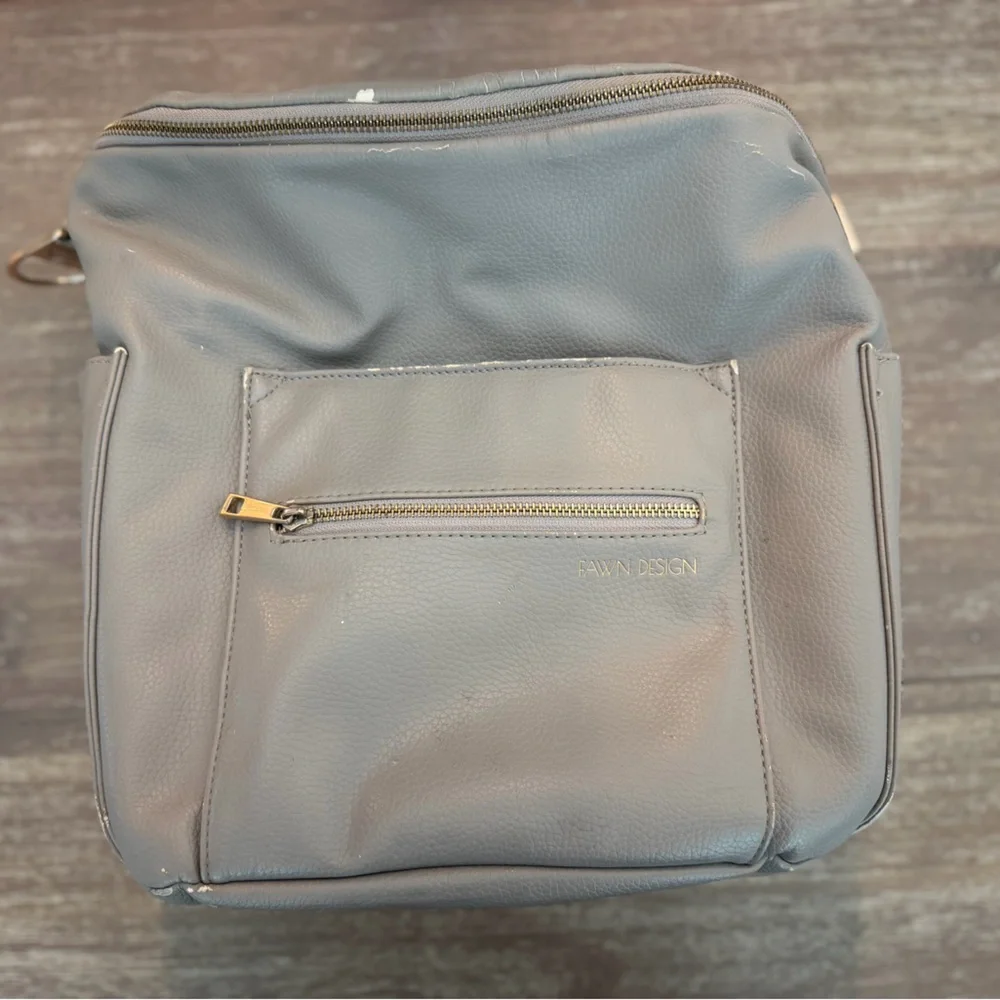 Fawn Design Gray Pebbled Leather Baby Backpack with Gold Hardware & Changing Pad